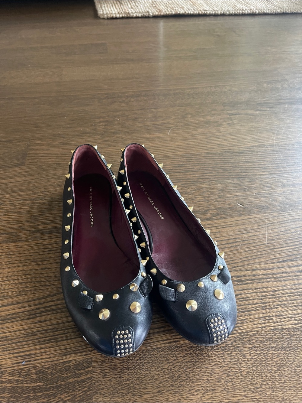 Marc Jacobs Black Leather Studded Ballet Flats with Gold Accents